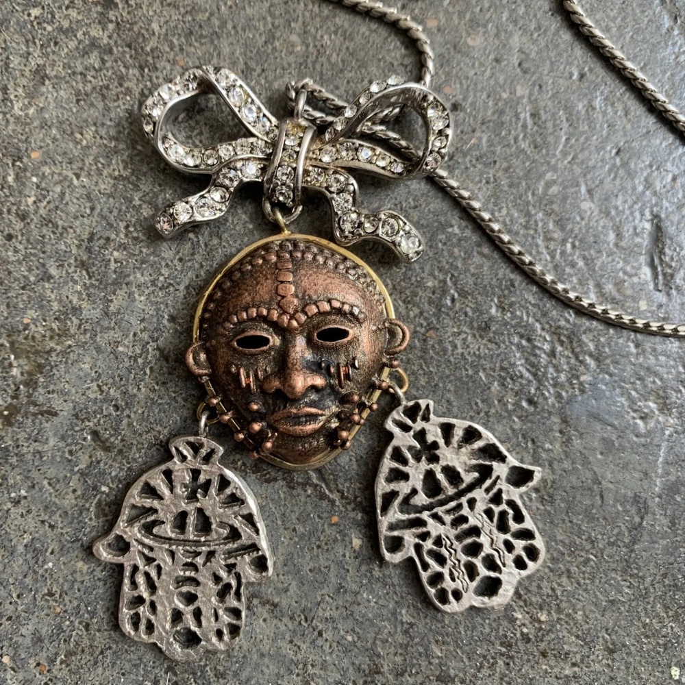 Vivienne Westwood Ornate Vintage African Mask Earrings w/ Hands and Ribbon - Picture 4 of 4